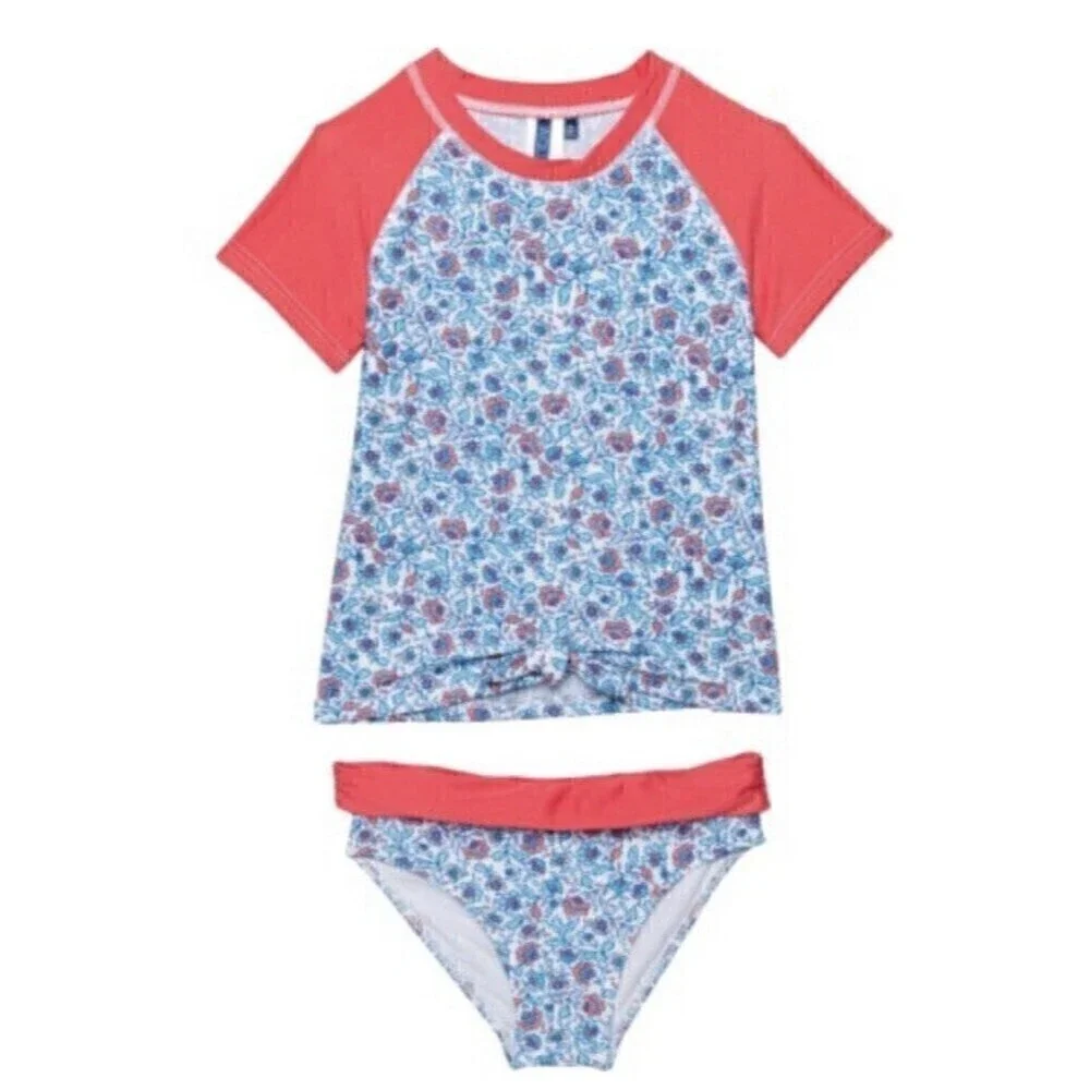 AQUA ET SOL Rash Guard Bikini Bottom Set Swimsuit UPF 50 Short Sleeve Girls Sz 4
